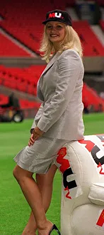 Football Stadium Prints: Phillipa Gant TV Presenter at Manchester Uniteds football ground to launch their new club