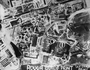 Air Raids Prints: Photo-reconnaissance image taken by No1 PRU of the damaged Heinkel aircraft factory