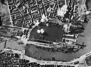 Photo taken during a recent RAF raid on shipping and small craft in Boulogne Harbour