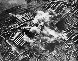 Photograph taken during a daylight attack on the steel and engineering works of the Cie