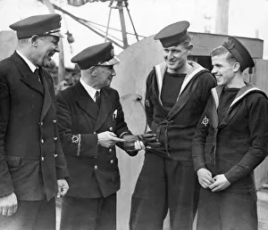Phoney War Prints: Picture shows a cheery exchange of officers and crew on the HMT Kirkella