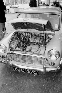 Motoring Prints: Picture shows the electric powered engine of Mr Geoffrey Rippons new Electric Mini