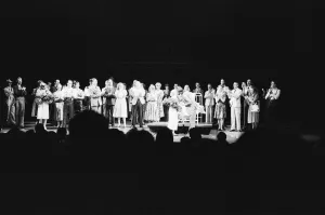Picture shows the onstage celebrations at David Essex (who plays Che