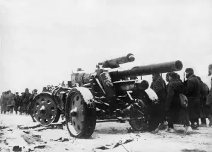 Ammunition Prints: Picture shows: A piece of heavy artillery left behind by the Germans as they retreated