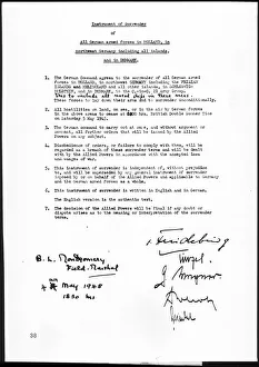 Signed Prints: Picture shows the surrender pact. The Instrument of Surrender of all German