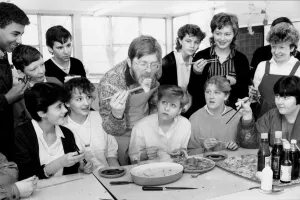 Cooking Prints: Picture shows teacher Bernard O Connor cooking Chinese dumplings forces pupils