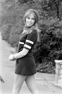 Pictures of Christine Smith in Holland Park, modelling a pattened mini -dress