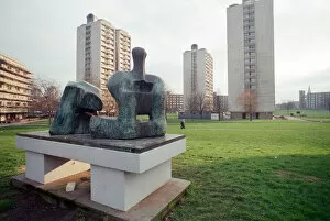 Accommodation Collection: Two Piece Reclining Figure No 3 sculpture by Henry Moore. General views of tower blocks