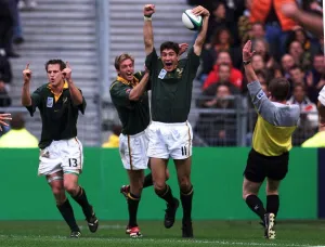 Pieter Rossouw Rugby Union player of South Africa Oct 1999 celebrates after scoring