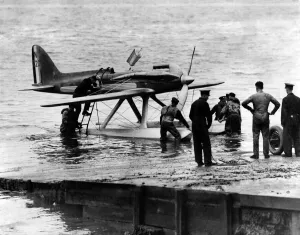 Pilot Greig coming out of the plane after his trial in the Scheider Trophy race