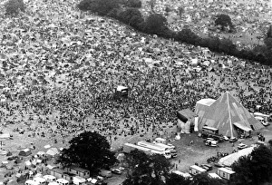 Aerial Photography Prints: The Pilton pop festival. crowd. Glastonbury Festival 1971