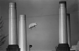 Pink Floyd Inflatable Flying Pig at Battersea Power Station in London during filming of