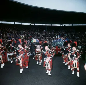 Core93 Prints: A Pipe band leads Rangers players in a parade around Ibrox Park on lorry with