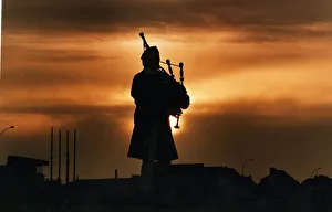 Landscape Prints: Piper William Bill Millin playing bagpipes Normandy beach sunset was piper to Lord Lovat
