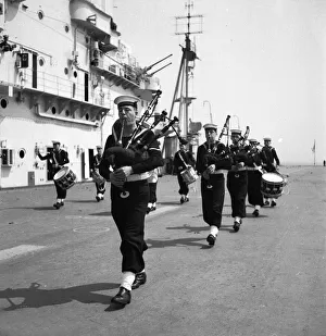 Bagpipes Prints: Pipers on board the Aircraft Carrier HMS Illustrious 1950