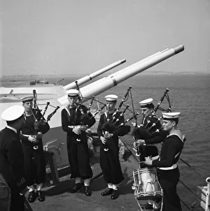 Bagpipes Prints: Pipers on board the Aircraft Carrier HMS Illustrious 1950