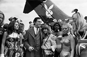 Playboy Editor and Publisher Hugh Hefner arrives at Heathrow Airport in his private