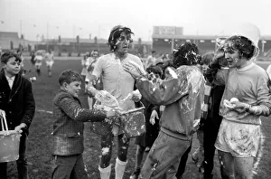 Players covered in soapy water during Charity football match. November 1969 Z11133