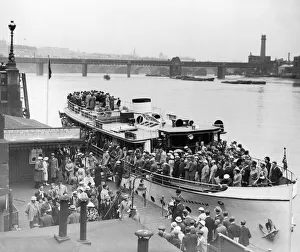Pleasure Steamers Prints: Pleasure Steamer at Westminster Pier with Belgian tourists starting a two week tour of