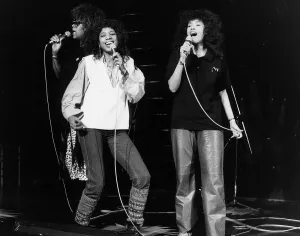 Microphones Prints: The Pointer Sisters the pop group on stage at the Montreux Pop Festival in Switzerland