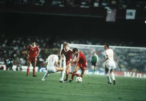 Poland v Russia 1982 World Cup Sergei Borovski looks to time his tackle as