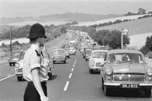 Policeman directing August Bank Holiday taffic on the A20