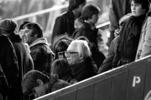 Politics: Leader of the Labour Party. Michael Foot watches Plymouth Argyle playing