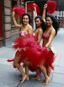 Feathers Prints: Polynesian dancers September 1988 dancing in Sauchiehall Street in Glasgow