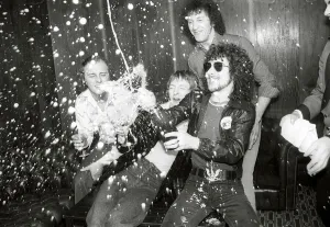00162 Prints: Pop band Black Lace enjoy a bottle of champagne after victory in the Eurovison song