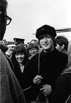 Beatlemania Prints: Pop Group The Beatles at the London Airport departing for Austria with Maureen Starr