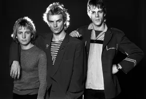 Pop group The police in studio 1980 Sting with Andy Summers and Stewart Copeland