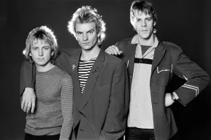 Sting Prints: Pop group The police in studio 1980 Sting with Andy Summers and Stewart Copeland