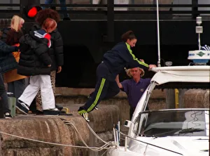 Pop Group Spice Girls Members Mel B Mel C Geri and Emma filming in London Docklands for