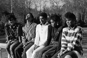 Pop group Five Star outside their new home Stone Court in Berkshire. March 1987