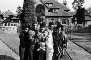 Pop group Five Star outside their new home Stone Court in Berkshire. March 1987