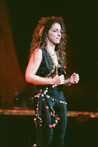 Pop singer Gloria Estefan performing on stage during a concert in Britain 24th