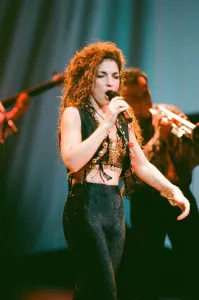 Pop singer Gloria Estefan performing on stage during a concert in Britain 24th