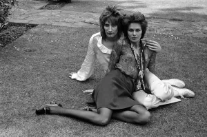 Pop singer Rod Stewart with his new girlfriend actress Joanna Lumley in her garden at her