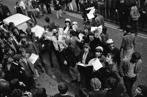 Pop stars meet in Carnaby Street, London to become founder members of an anti bowlerhat