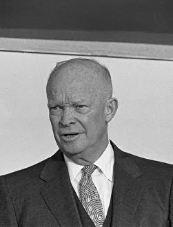 United States Of America Prints: US President Eisenhower seen here on the dais at Heathrow Airport as he is officially