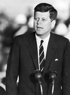 Microphones Prints: US President John F Kennedy speaking at London airport at start of state visit to