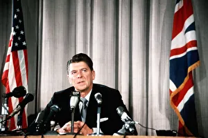 US President Ronald Reagan, pictured at press conference Circa 1985