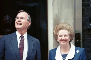 President of the United States George Bush and Prime Minister Margaret Thatcher outside