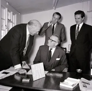 Press Conference at the National Theatre offices - seated is Sir Laurence Olivier