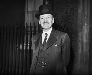 Leader Prints: Prime Minister Clement Attlee seen here on the steps of 10 Downing Street after his