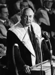 Prime Minister Harold Wilson pictured during his speech after being installed as