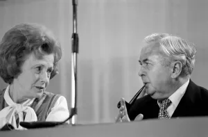 00063 Prints: Prime mInister Harold Wilson talks to Barbara Castle during a debate on the Common Market