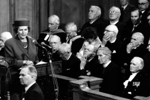 Prime Minister Margaret Thatcher addresses the General Assembley of the Church of
