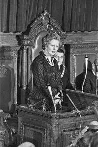 01275 Prints: Prime Minister Margaret Thatcher addressing the General Election count at Hendon Town