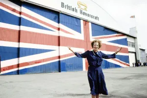 Flags Prints: Prime Minister Margaret Thatcher campaigning at British Hovercraft. 8th June 1983